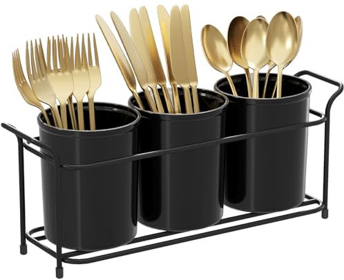 Lifewit 3-teiliger Besteckhalter mit Metallrahmen, Utensilienhalter für den Küchenschrank/Arbeitsplatte, Küchenutensilienhalter Besteckkorb Tisch aus Kunststoff für Gabeln/Löffel/Messer, Schwarz