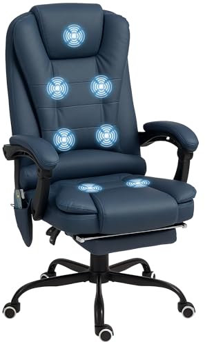 Vinsetto Bürostuhl mit Massagefunktion, ergonomischer Chefsessel mit Liegefunktion, höhenverstellbar drehbar Schreibtischstuhl mit Fernbedienung, Seitentasche, Kunstleder, Blau