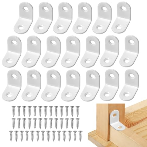 20 Pcs White L‑Shape Angle Brackets, 25mm Small 90 Degree | Right‑Angle Corner Brace with 40 Screws, Stainless Steel Support Bracket for Furniture Cabinet Shelf