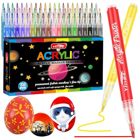 YITHINC Pennarelli Acrilici,60 Colori Permanenti Pennarelli Acrilici per Dipingere Sassi,Pennarello Acrilico per Legno, Vetro,Pennarelli Bambini,Tessuti, Atossici,Uova di Pasqua, Punta Media