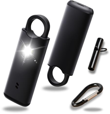 VOLTEK News kit Alarme métal loquet de sécurité (Noir) Femme Defense + detecteur Porte et fenêtre autodéfense Auto Alarme Mini Autonome + sifflet Urgence personnelle Lampe puissante 135 DB, USB-C