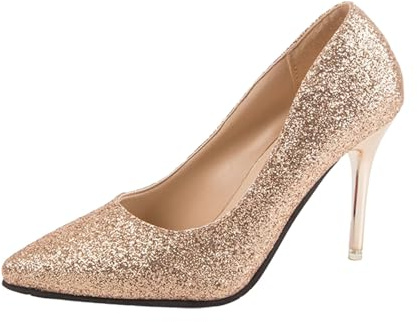 Glittrande stilettklackar för kvinnor glitterklackar för kvinnor nära spetsig tå banesandaler dra på mellanklackade skor paljetter fransk stil skor för fest bal bröllopspumpar elegant sandal, Guld, 36