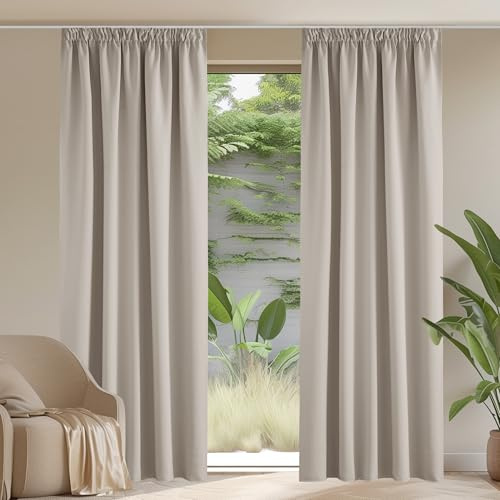 PONY DANCE Blackout Pencil Pleat Curtains, Natural, W52 x L90, 2 Panels | Thermal Insulated Curtains with Noise Reducing & Privacy, Luxury Soft Window Treatment for Bedroom & Living Room