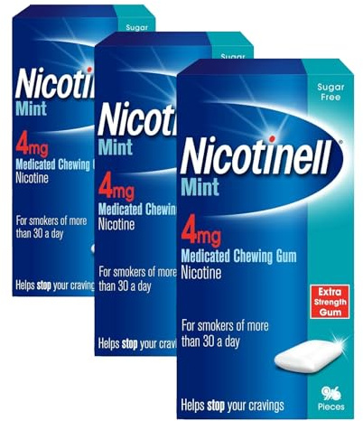 Nicotinell Mint Gum 4mg (3 x 96 Pieces), Stop Smoking Aid, Sugar Free Nicotine Gum, Mint Flavour, 4mg Regular Strength for Heavy Smokers, Quit Smoking Aid