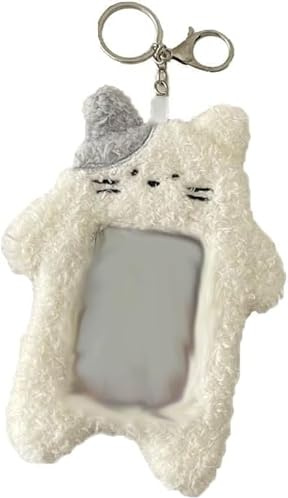 White Cartoon Plush Cat Photocard Holder with Keychain Pendant, Kawaii Cat Cute Card Sleeve, Student Photocard Keychain Card Cases