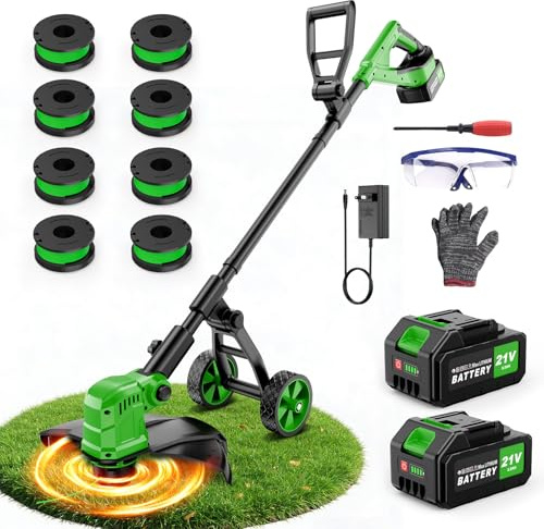 Desbrozadora Bateria con Ruedas,36CM Desbrozadora Electrica con 2 * 3.0 Ah Baterías,800W Motor sin Escobillas,4-in-1 Cortadora de Césped con 8 Bobinas de Repuesto para Jardín y Césped