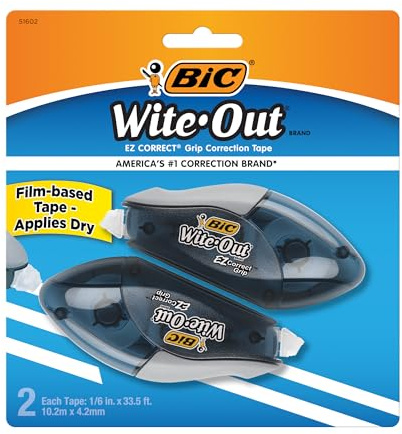 BIC Wite-Out Brand EZ Correct Grip Correction Tape, 33.5 Feet, Fast, Clean and Easy to Use Tear-Resistant Tape, 2-Count