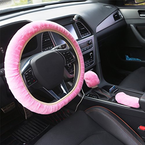 Housse de Volant,jeu de 3 pièces Steering Wheel Cover peluche voiture universel Housse de volant Couvre-volant joli Housse de volant Couvercle du compatibilité universelle Couverture (rose)