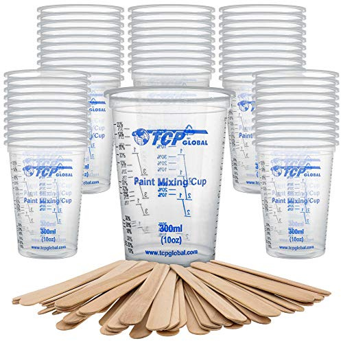 TCP Global 10 oz. (300ml) Graduated Plastic Mixing Cups - Box of 50 with 50 Mixing Sticks - Disposable Plastic Measuring Cups for Liquids, Paints, Resin, Epoxy, Art, Kitchen - Ratios 2-1, 3-1, 4-1 ML