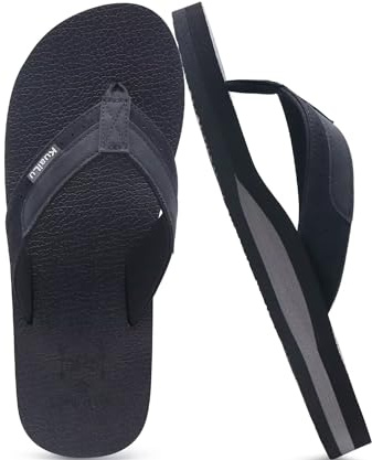 KuaiLu Men's Leather Flip Flops Arch Support Summer Beach Pool Water Thong Sandals Waterproof Rubber Walking Shoes Slip on Orthotic Casual Sport Cushioned Wide Slides Shower Slippers Black Size 12