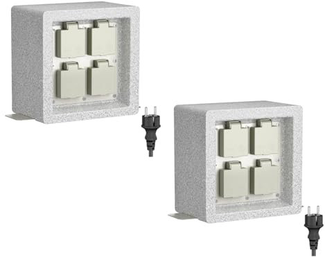 ledscom.de 2 Stück Garten Steckdosensäule Pock für außen, IP44, 1m, Schukostecker Typ F, 4-Fach, grau (Stein-Optik), eckig, 20 cm