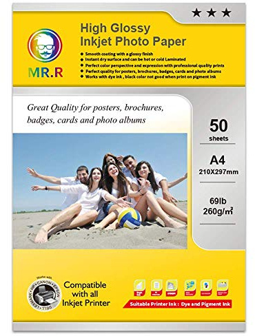 MR.R Carta fotografica lucida impermeabile a getto d'inchiostro, 260 g/m², formato A4, 50 fogli, 210 x 297 mm, compatibile con tutte le stampanti