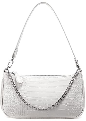 Loiral Shoulder Bags for Women, Retro Classic Tote HandBag Crocodile Pattern Clutch Mini Purse with Zipper Closure, White