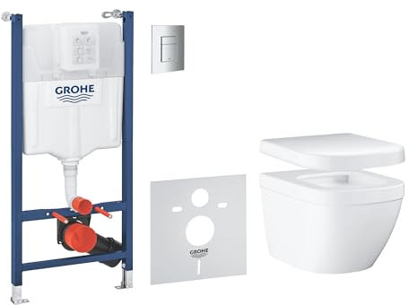 GROHE Solido Euro Ceramic 5-in-1 Box Solution (White Wall Hung Toilet with Soft Close Seat, Chrome Flush Plate, WC Frame 1.13 m, Sound Insulation, 2 Wall Brackets), Ready to Install, 39890000