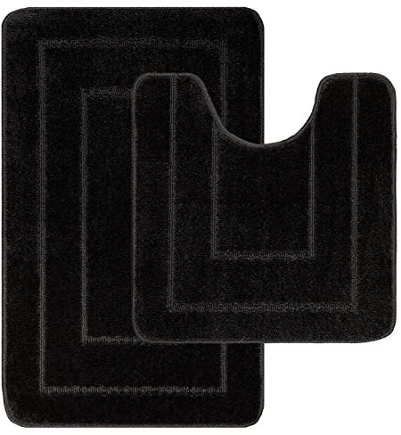 Lifestyle comfort ltd LSC Non Slip Bath Mat 2 Piece Ichra Extra Soft Water Absorbent Bathroom Mats 100% Polypropylene Pedestal Bath Rug Shower Bath Mat Bathroom Rug for Toilet (BLACK)