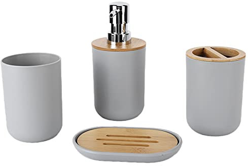 Ensemble d'accessoires de Salle de Bain 4 pièces, Comprenant Un Distributeur de Savon, Un Porte-Brosse à Dents, Un gobelet pour Brosse à Dents, Un Porte-Savon,Ensemble de Salle de Bain(Gris)