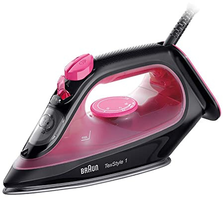 Braun TexStyle 1 SI1070PU, Bügeleisen mit 4 Jahren Garantie, SuperCeramic Beschichtung, Präzisionsspitze, 130g/min, Einfaches Nachfüllen von 220ml, Eco-Modus, Anti-Tropf-System, 2000W, Violett/Schwarz