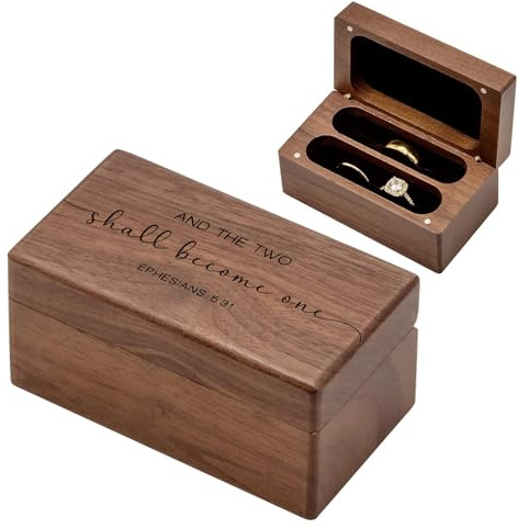 MUUJEE Ephesians 5:31 Quad Ring Box - Engraved Wooden Ring Case Box for Wedding Ceremony Ring Bearer Anniversary Birthday Valentines Gift Ideas