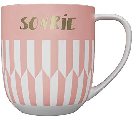 DRAEGER PARIS 1886 - Taza Cerámica Mensaje Sonríe 320ml - Diseño Chic Azul/Rosa con Detalle en Oro - Elemento Decorativo Original - Caja de Regalo Artesanal - Elegancia y Calidad desde 1886