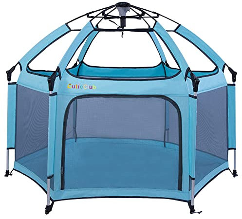Laufstall Baby Faltbar mit Matratze, CutieClub Laufgitter Baby Klappbar Pop-up Laufstall, Großer 6 Eckig Playpen mit Sun Shade Reiselaufstall mit Tragetasche für Haus,Garten,Strand Outdoor (Türkis)