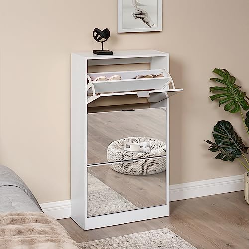 [en.casa] Shoe cabinet Kragerø shoe tipper for 18 pairs shoe chest with mirrored door with 3 tilt doors for entrance, hallway 115x60x24 cm White