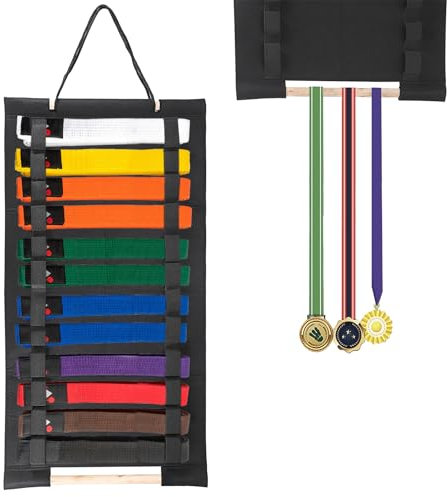 JUXYES Wandaufhängung für Kampfsport-Gürtel, Organizer für 12 Gürtel, tragbarer Karate-Gürtelhalter mit Medaillen zum Aufhängen, Leichter Taekwondo-Gürtelhalter für Kampfsportlerner