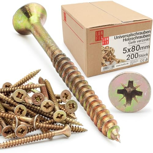 LUN FIX Lot de 200 vis universelles 5,0 x 80 mm - Cruciforme PZ2 - Tête plate - Vis à bois - Galvanisée jaune - Vis multi-usages - Vis cruciformes