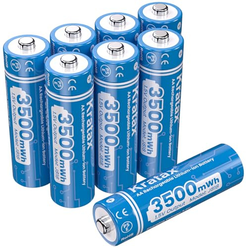 Kratax Lot de 8 piles au lithium AA rechargeables de 1,5 V, prend en charge une puissance constante de 1,5 V, capacité durable de 3500 mWh, batteries ménagères