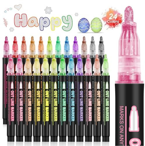 Magiska pennor i 24 färger, glitterpennor, konturpennor, markeringspennor, metalliska magipennor, påskpresenter till barn och flickor, för scrapbooking, gelpennor för påskpyssel, för barn på 4–12 år