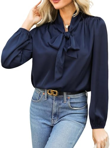 CUPSHE Chemisier femme col montant avec nœud manches longues élégant satin blouse à lavallière hauts chemisiers de bureau chemise-blouse tops, bleu marine, S