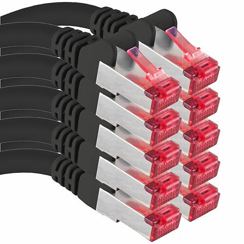 10 cables de red Cat6, 10 x 1 m, CAT6, apantallamiento, SFTP, cat. 6, RJ45, cable Ethernet, DSL LAN, router conmutador, módem, panel de conexiones, color negro
