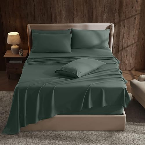 Hearth & Harbor Extra Deep Pocket Cal King Size Sheets Sets - Fits Mattress 18-24 Inches Deep - Extra Deep Pocket Sheets - 6 Piece California King Size - Forest Green