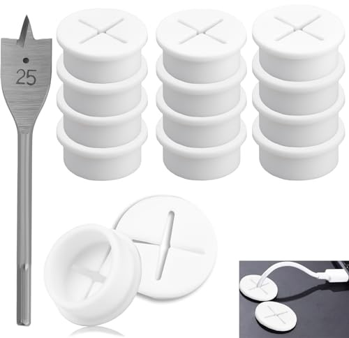 SWTYExt 12 Stycken Kabelgenomföring 25 mm Flexibel Silikon för Skrivbord, Skola, Dator, Kontor - Vit Bord med 1 Borr
