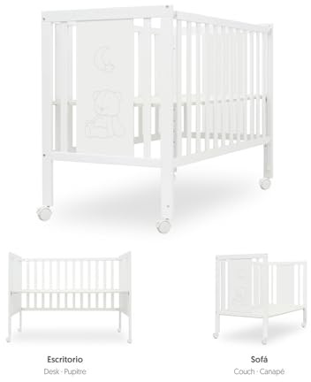 Interbaby Cuna Bebé Colecho Convertible 124x63 cm | Cuna Evolutiva de Madera con Lateral Abatible, Altura Regulable y Ruedas con Freno | Cuna Convertible en Escritorio y Sofá | Blanca Bear Basic
