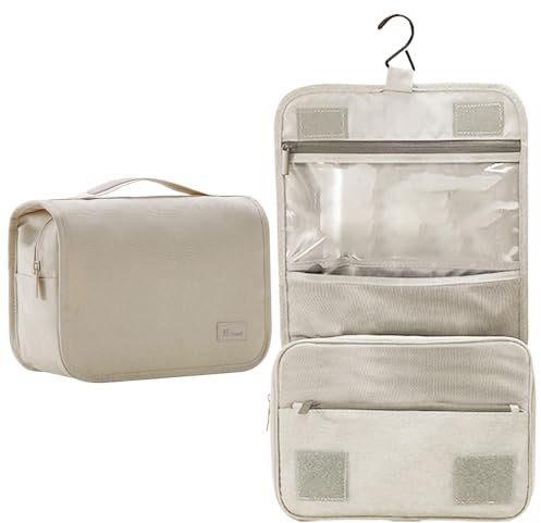 Groß Kulturbeutel Damen & Herren - Gross Kulturtasche Zum Aufhängen, Kosmetiktasche - Waschtasche für Frauen & Mädchen-Beige