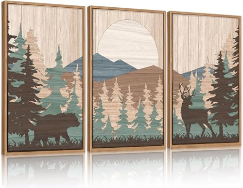 CHDITB 3pcs Waldtiere Wandbilder, Bär Hirsch Wildtiere Wandkunst, Vintage Berg Sonne Bilder, Gemälde Tiere Natur Landschaft Poster Für Wohnzimmer Schlafzimmer Kinderzimmer (40x60cm)