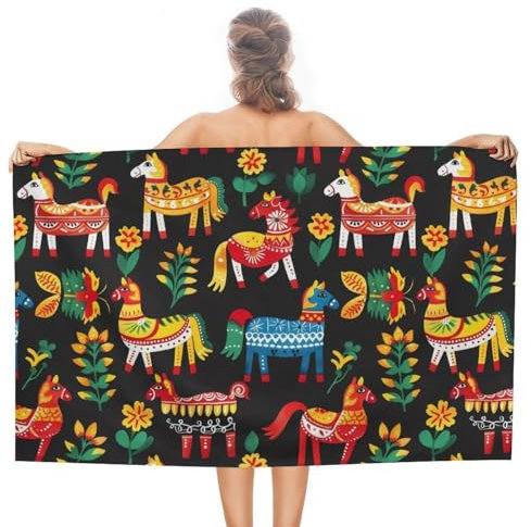 Asciugamano da spiaggia svedese Dala Horse Folk per adulti, asciugamano da viaggio, piscina, palestra, campeggio, 130 x 80 cm