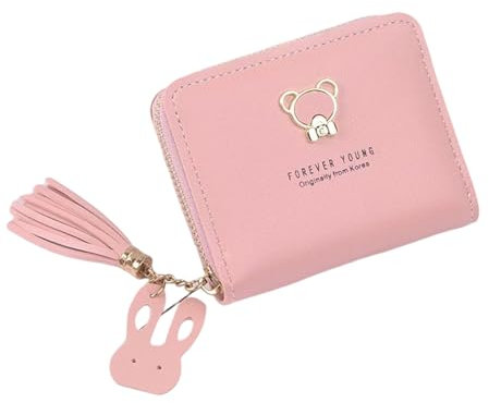 QttvbTna Mini Portemonnaie Geldbeute Kinde, Süße Geldbörse für Mädchen Damen aus Weichem PU Leder mit Cartoon-Design Anhänger, Münzfach, Kartenfächern und Geldscheinfach (Rosa)