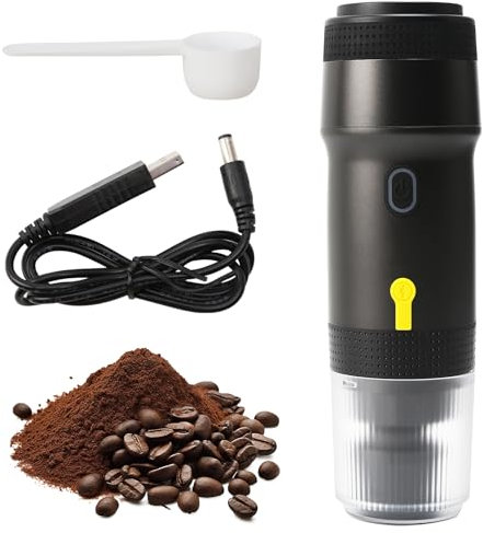 YOPOTIKA Cafetera eléctrica portátil, cafetera de camping, autocalentamiento, pequeña cafetera expreso (recargable USB), compatible con cápsulas NES/DG y café molido, depósito de 60 ml (negro)