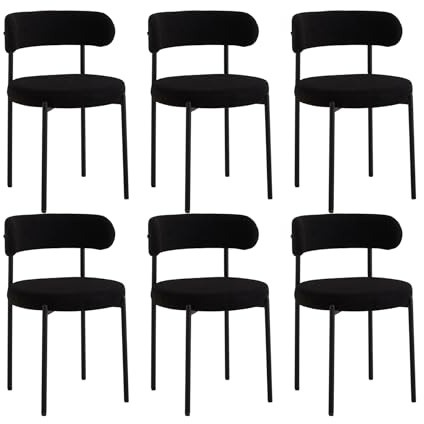 DEYARNA HOME Set med 6 matsalsstolar, moderna köksstolar med metallben och böjt ryggstöd, runda vadderade stolar för matsal, kök (svart)