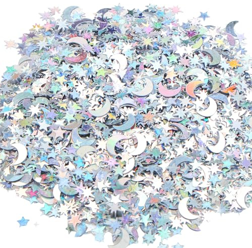 HOTUT Sterne Mond Konfetti Silber, 45g Glitzersterne Konfetti Streudeko Weihnachten, Sterne Mond Pailletten Confetti Tischdeko für Hochzeit, Geburtstag, Partys, Jubiläen (LaserSilber)