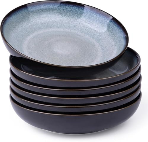 LeRatio Lot de 6 grands bols à pâtes de 22 cm, assiettes profondes en grès résistant aux rayures, bols de service modernes, passent au micro-ondes et au lave-vaisselle, bleu océan