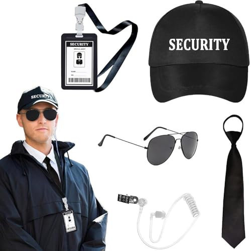 TOEECY 6 Pièces Ensemble Costume Agent Sécurité Professionnel Casquette Lunettes Aviateur Badge Cravate Oreillette Déguisement Adulte
