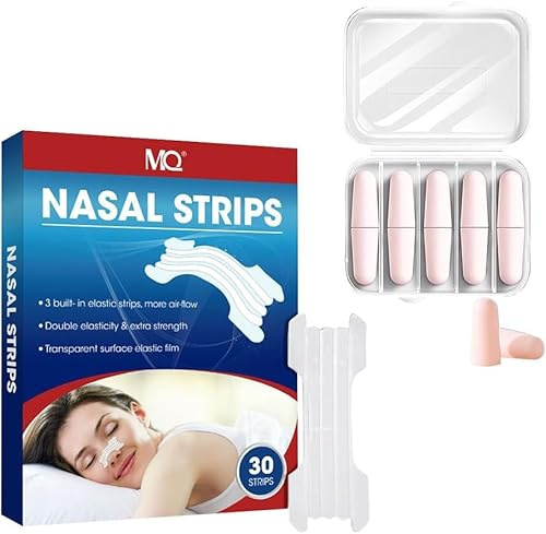 TOEECY Kit Anti Ronflement Bandelettes Nasales 30 Bandes Respiratoires Adhésives Dilatateurs Nasaux Bouchons Oreilles Silicone 10 Unités Boîte Rangement