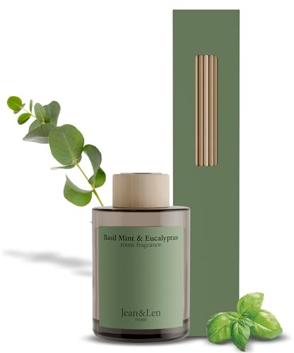 Jean & Len Scented Room Diffusor Basil Mint & Eucalyptus, Raumduft mit Rattan-Stäbchen, sorgt 6 Wochen für ein angenehmes Dufterlebnis, erfrischende Duftkombination, vegan, 100 ml