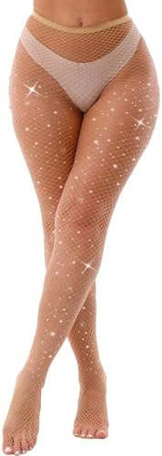KLONKEE Medias brillantes para mujer con diamantes de imitación, medias de malla con purpurina, medias de malla con brillantes brillantes para carnaval, actuaciones, cosplay, fiestas, Tamaño de malla