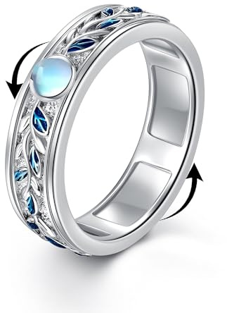 VONALA Moonstone Fidget Anxiety Rings for Women 925 Sterling Silver Leaf Ring Worry Vine Spinner Rings Anti Stress Mood Jewelry Gifts Band Wide 4.5#