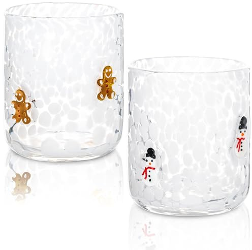 2 Pcs Christmas Icon Glass Cups Set-14 oz Gingerbread Man and Snowman Icon Wine Glasses Double Old Fashioned Icon Hand blown Cocktail Glasses Drinking Cups for Holiday Party Supplies and Lovely Gift