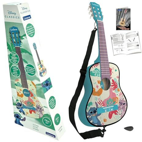 Lexibook, Disney Stitch, Ma première Guitare Acoustique en Bois, 6 Cordes en Nylon, 78 cm, Guide d'apprentissage, médiator et Sangle fournis, Bleu, K2000DLXB
