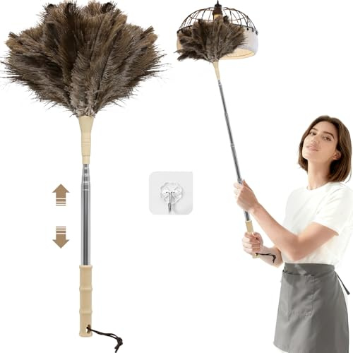 Plumeau en Plumes d'Autruche, Plumeau Telescopique Lavable avec Manche Telescopique, Crochet, Brosse à Fentes, Extensible Jusqu'à 123 cm, Enlève-Toiles d'Araignée pour Plafonds et Ventilateurs